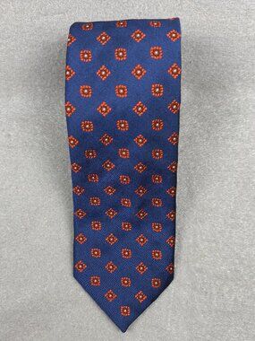 Italian Hand Stitched Silk Cotton Tie Navy Orange Floral Medallion Italy 3.25